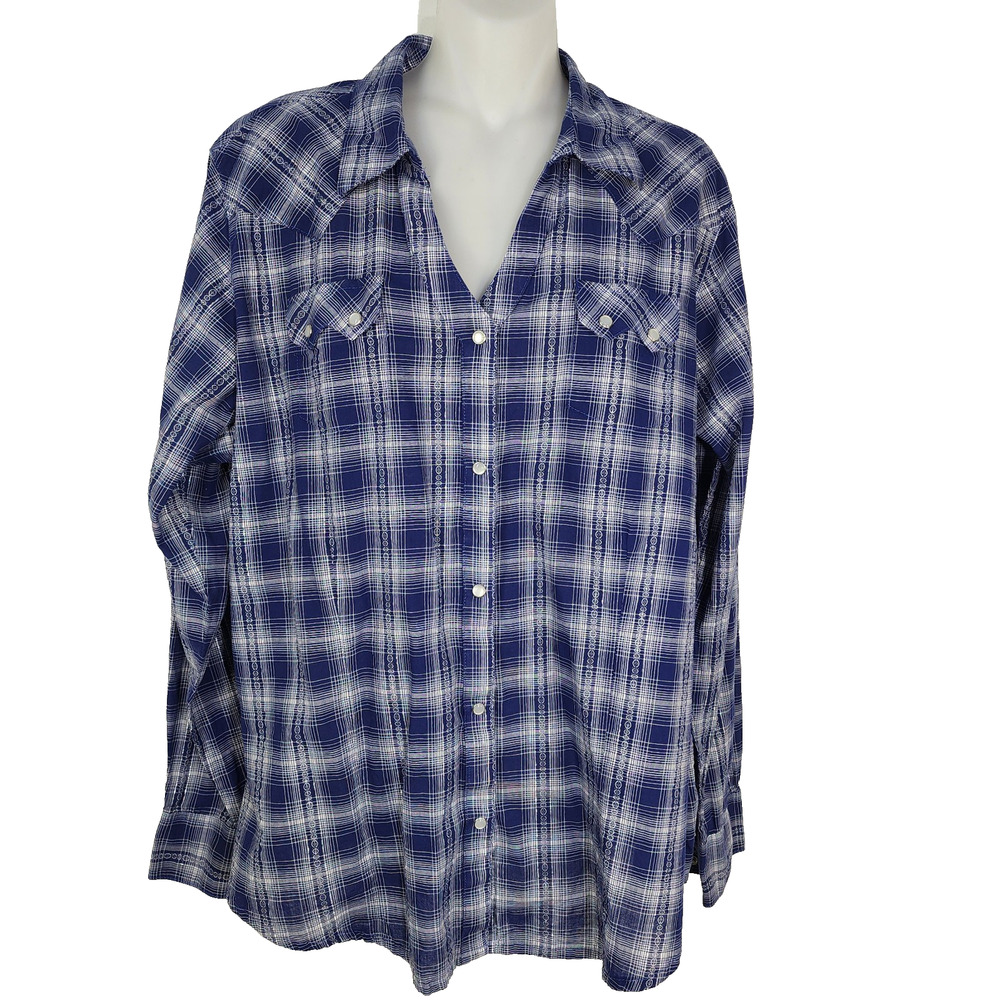 Wrangler Shirt Womens XL Western Cowgirl Silver Blue Plaid Pearl Snap Metallic
